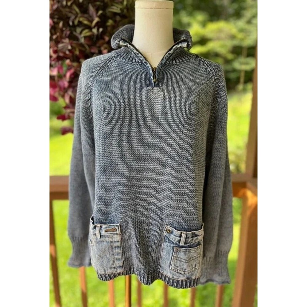 PBJ Blues Denim Pocket Quarter Zip Sweater S/P Ramie Cotton